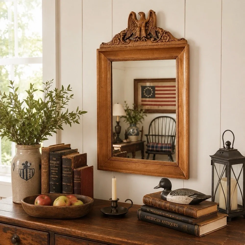 Vintage Rock Maple Eagle Mirror Carved  French Colonial Revival Wall Decor MCM